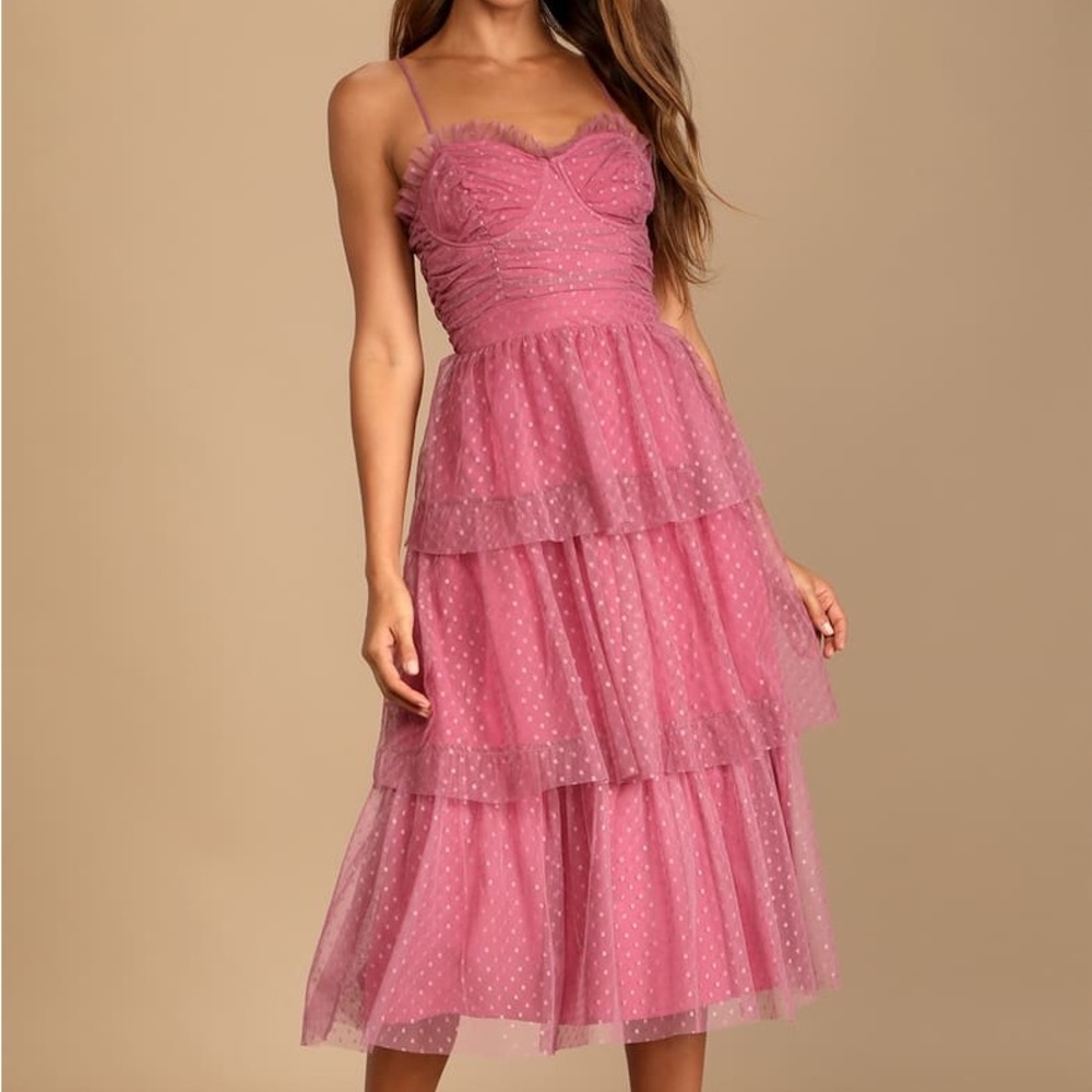 NWOT Sweetheart Style Mauve Polka Dot Bustier Tiered Midi Dress